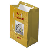 個人的な写真メリークリスマスゴールデングリーティング ミディアムペーパーバッグ (正面アングル)