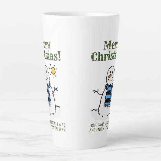 個人的な挨拶とクリスマス雪だるまデザイン カフェラテマグ (正面)