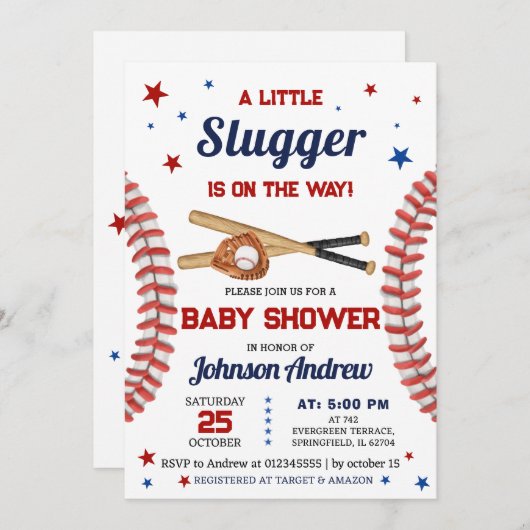 個人的な男の子スポーツ野球の赤ちゃんシャワー 招待状 (正面/裏面)