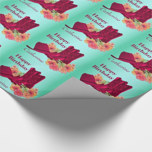 個人的な西部のハッピーバースデーのカウボーイ・ブーツの帽子 ラッピングペーパー (角)
