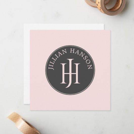 個人芸術的モノグラム名ロゴ赤面ピンク ノートカード (正面/裏面インサイチュ)