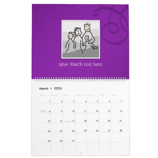 個人13枚の写真とカスタム文字20XX カレンダー (3月 2026)