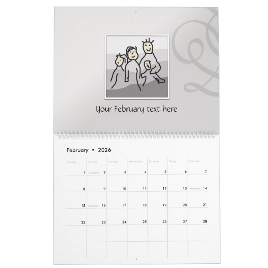個人13枚の写真とカスタム文字20XX カレンダー (2月 2026)
