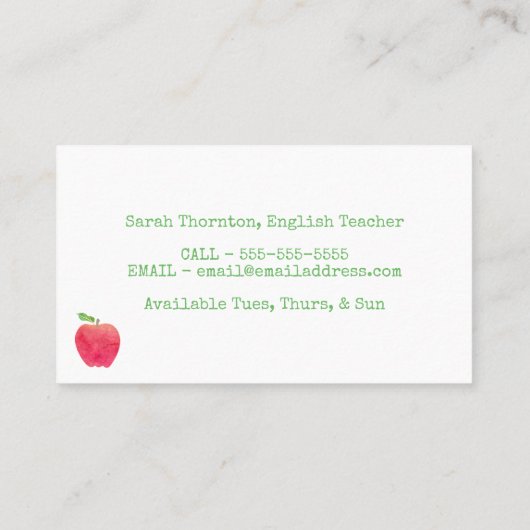 個別指導の水彩画の赤いAppleの先生の個人教師 名刺 (裏面)