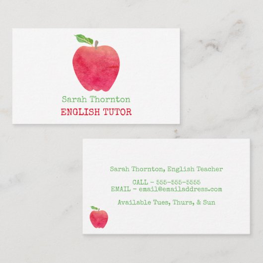 個別指導の水彩画の赤いAppleの先生の個人教師 名刺 (正面/裏面)