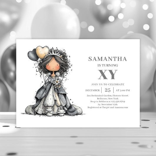 個性的なおしゃれな女の子の誕生日スケッチ ブラックゴールドの招待状 招待状