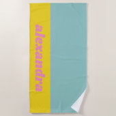 個性的なアクアとイエローのレトロタイポグラフィーファン ビーチタオル (正面)