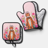 個性的なピンクのトラのワイルドキャット 鍋つかみ&鍋敷きセット (正面/裏面)