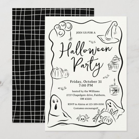 個性的な手描きのらくがきハロウィンパーティー 招待状 (正面/裏面)
