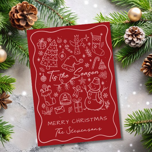 個性的な手描きの赤とピンクの折りたたみ式クリスマスフォトカード シーズンカード