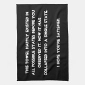 倒したのね!量子物理ユーモア キッチンタオル (縦)