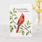 偉大なお甥の誕生日 赤いショウジョウコウカチョウの止まり木 カード (黄色い花)