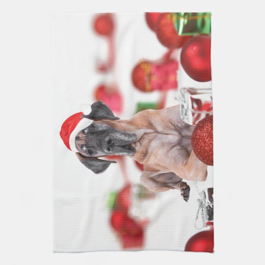 偉大なダン犬とクリスマスオーナメントの贈り物 キッチンタオル (縦)