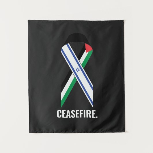 停戦イスラエルとパレスチナ国旗のリボン黒 タペストリー (正面)