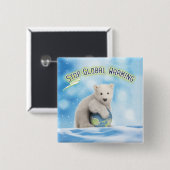 停止地球温暖化の白くまボタン 缶バッジ (正面&裏面)