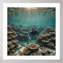 健康的なサンゴ礁を楽しむダイバー ポスター
