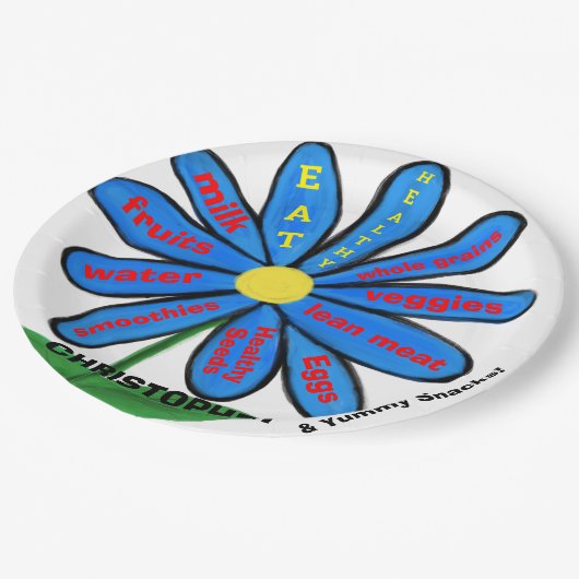 健康食べ青デイジーフローラお子様の名前 ペーパープレート (アングル)