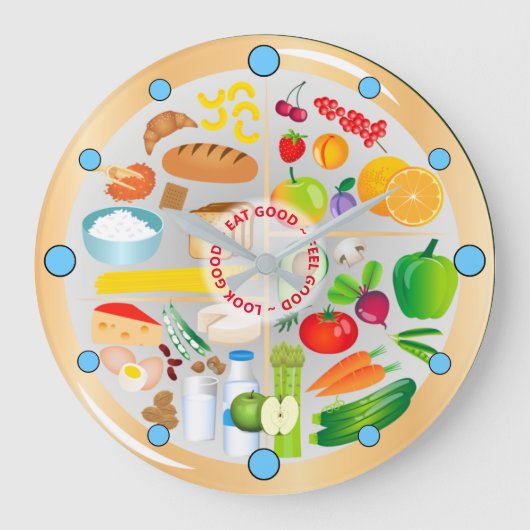 健康食べ食カラフル品群キッチン大C ラージ壁時計 (正面)