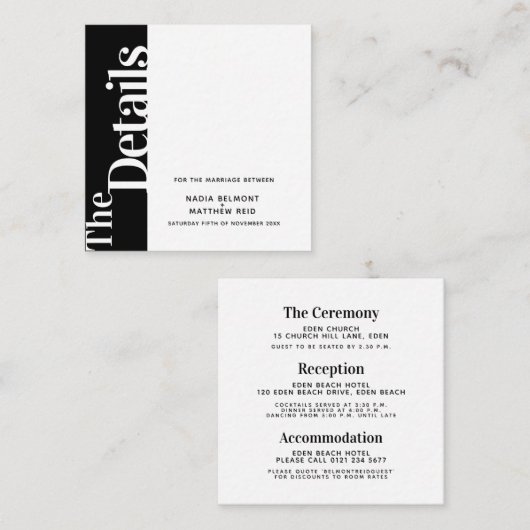側はっきりした文字白黒結婚詳細 エンクロージャーカード (正面/裏面)
