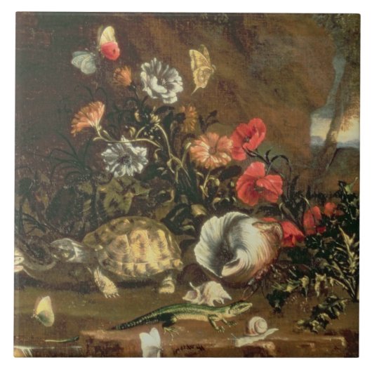 側アザミ、花、ハ虫類および蝶 タイル (正面)