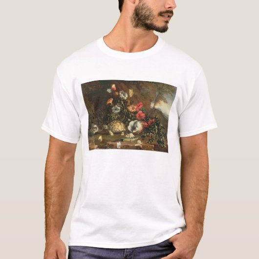 側アザミ、花、ハ虫類および蝶 Tシャツ (正面)