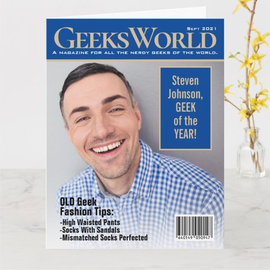 偽おもしろいのGeeksWorld Magazineあなたの写真を追加 カード (黄色い花)