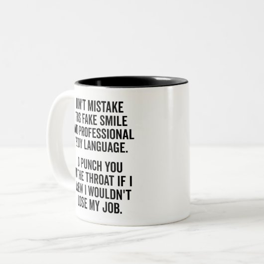 偽おもしろいスマイルことわざ、皮肉引用文事務所 ツートーンマグカップ (正面左)