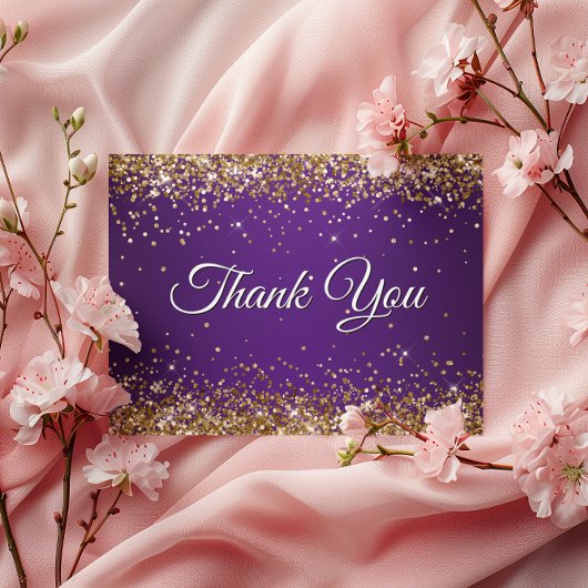 偽のきらきらした金の輝きのロイヤルパープル サンキュー ポストカード