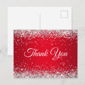 偽のきらきらした銀のグリッターが輝く真っ赤なありがとう ポストカード (正面/裏面)