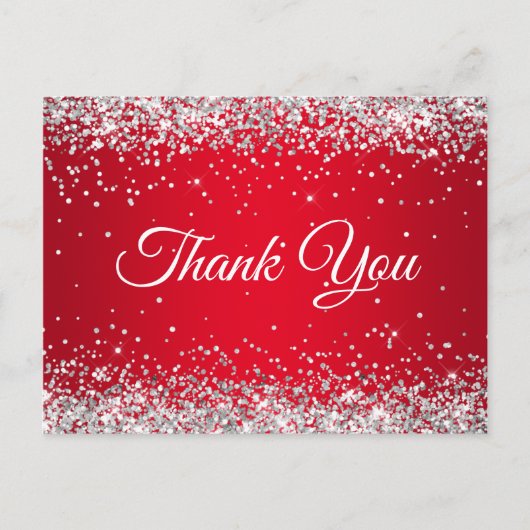 偽のきらきらした銀のグリッターが輝く真っ赤なありがとう ポストカード (正面)