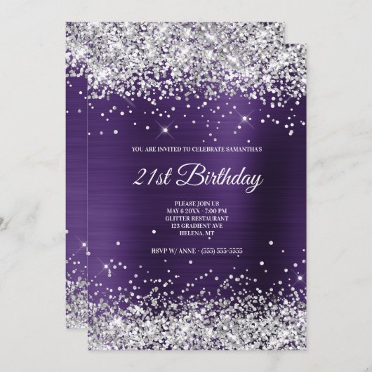 偽のきらきらした銀の輝きの濃い紫の箔 招待状 (正面/裏面)