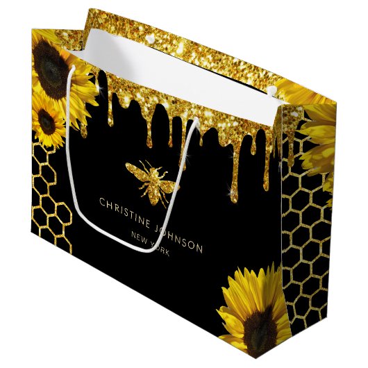 偽のグリッターの蜂とひまわり ラージペーパーバッグ (正面アングル)