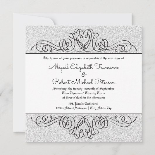 偽のグリッター フォーマル フローラル フリル - 結婚式の招待状 招待状 (正面)