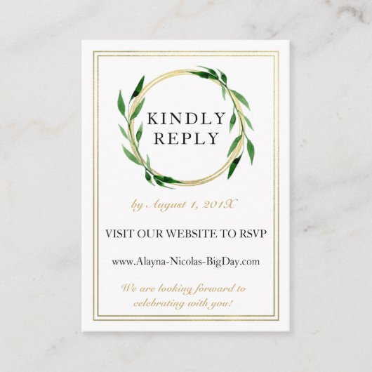 偽のゴールドの花輪 ウェディング RSVP カード (正面)