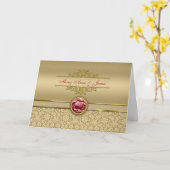 偽のダークルビーレッドジェムストーン メタリックゴールド ダマスク カード (黄色い花)