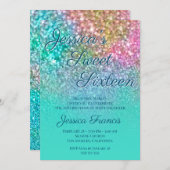 偽のマーメイド グリッター ターコイズ オンブレ スイート シックスティーン 招待状 (正面/裏面)