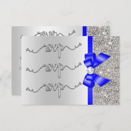 偽のロイヤルブルーのリボンにシルバーのスパンコールが施された、結婚式の招待状を送り返してください。 出欠カード (正面/裏面)