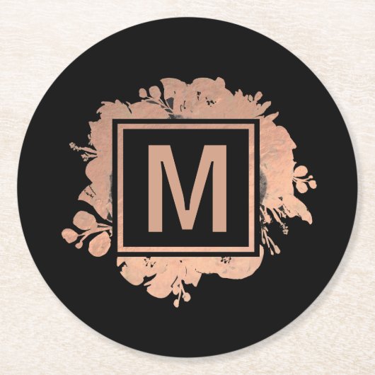 偽のローズゴールドの箔モノグラム（ブラック） ラウンドペーパーコースター (正面)