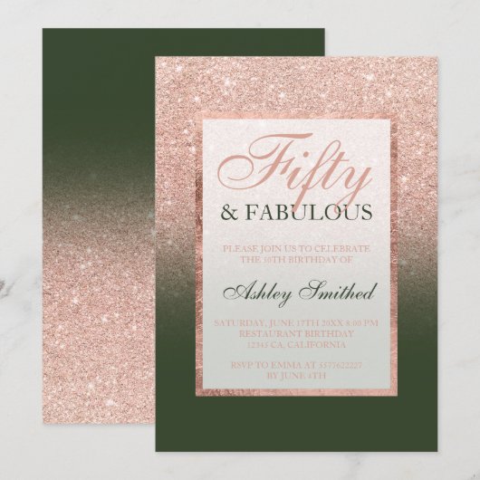 偽のローズゴールドグリッター ハンターグリーン 50 ファビュラス 招待状 (正面/裏面)