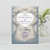 偽の彫刻されたロマンチックな青いバラのドレープハート 招待状 (スタンド正面)