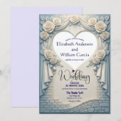 偽の彫刻されたロマンチックな青いバラのドレープハート 招待状 (正面/裏面)