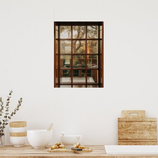 偽の窓から日没の木の景色が見える幻想 ポスター (キッチン)