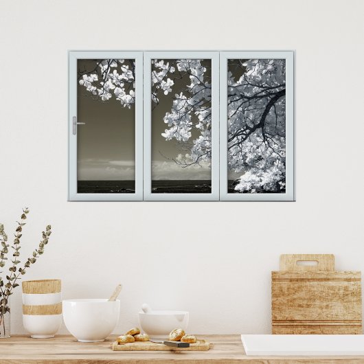 偽の窓の幻影 – 不吉な白い花の投稿 ポスター (キッチン)