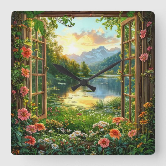 偽の窓の風景 スクエア壁時計 (正面)