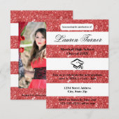 偽の赤いグリッター ストライプ - 3x5 卒業発表 招待状 (正面/裏面)