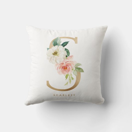 偽の金箔の花模様のSのイニシャルが付いたベビー部屋の装飾 クッション (裏面)