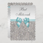 偽の銀のスパンコール ターコイズブルー バットミツバ 招待状 (正面/裏面)