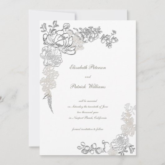 偽エンボス加工の芍薬のカリグラフィー・ chic アイボリー・ウェディング ※ セーブザデート (正面)