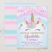 偽ゴールドユニコーンボウ レインボー誕生日 招待状 (正面/裏面)