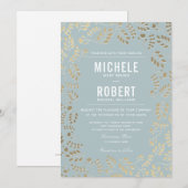 偽ゴールド ダスティーブルー ボタニカル ウェディング インビテーション (正面/裏面)